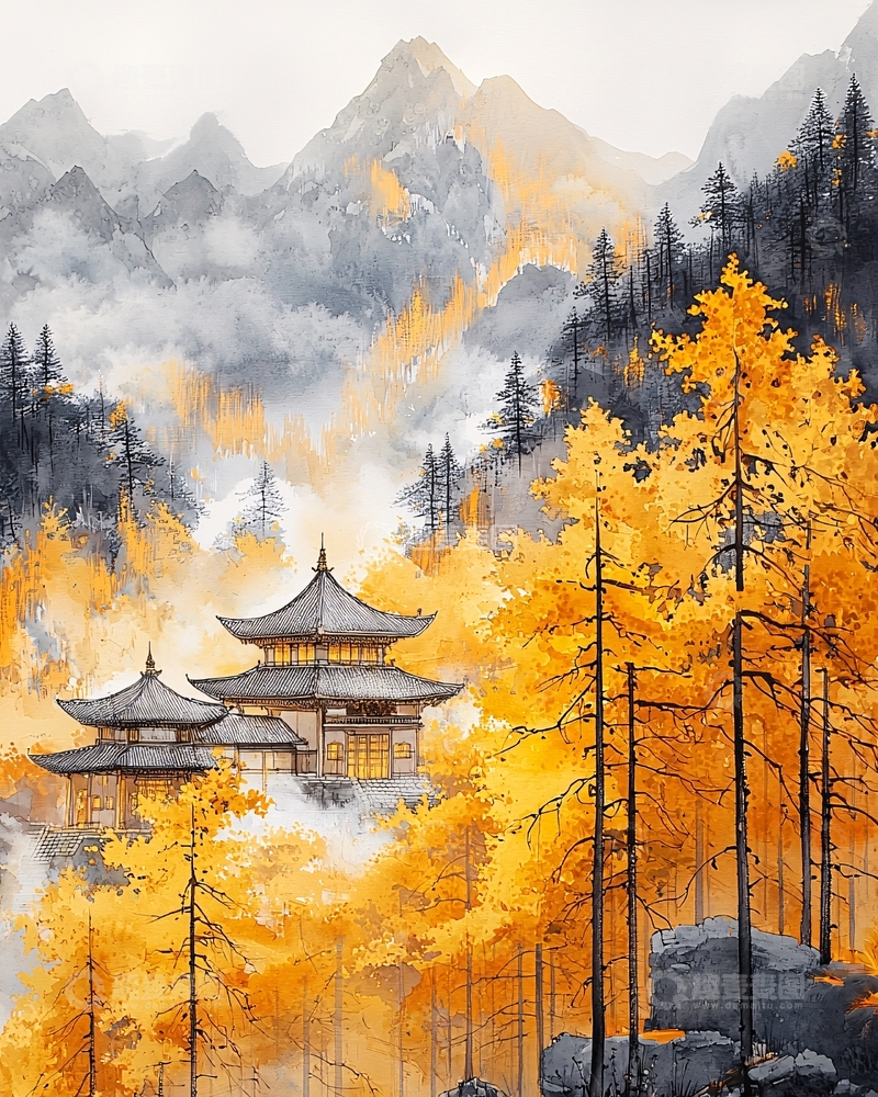 高清大图下载【趣麦麦图】秋日山林寺庙景色