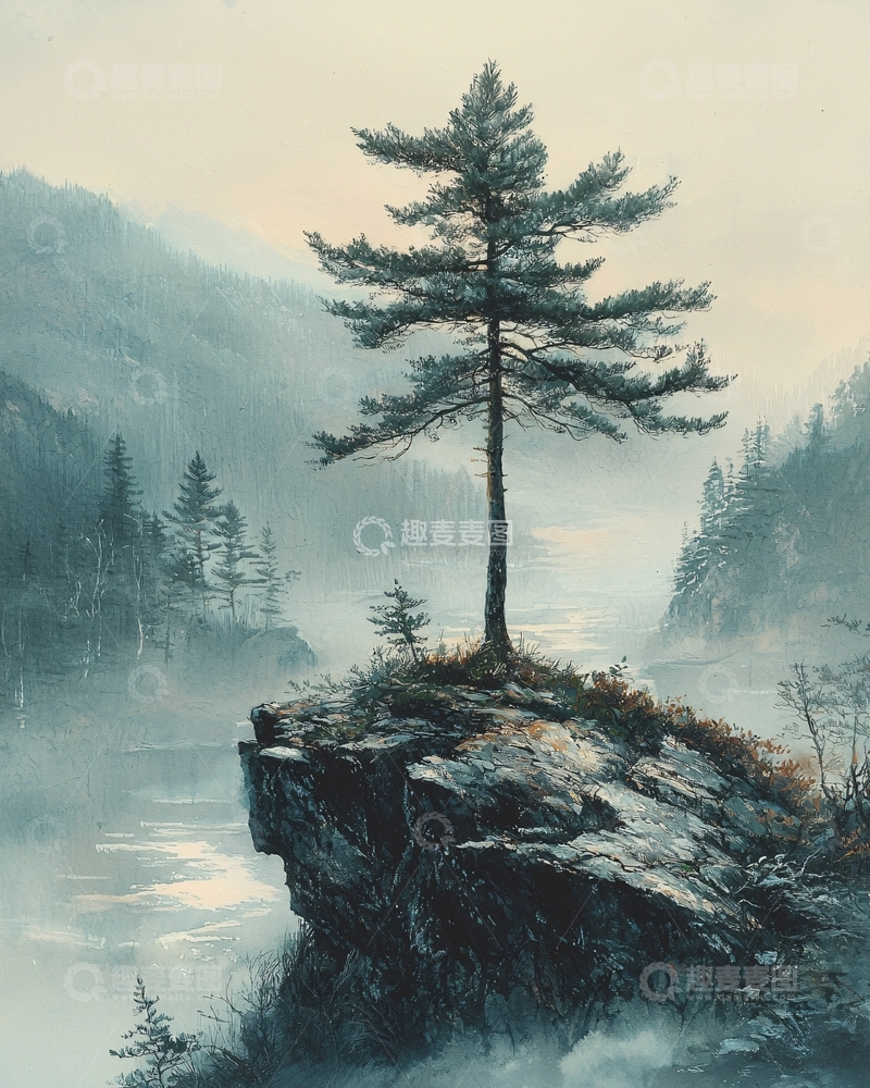 高清大图下载【趣麦麦图】雾气缭绕的孤树