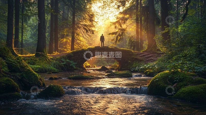 高清大图下载【趣麦麦图】森林小桥夕阳人物