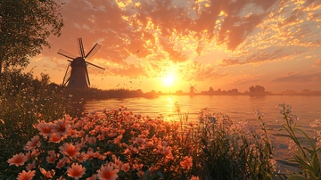 日落风车田园风光