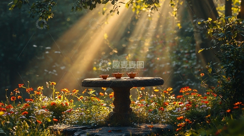 高清大图下载【趣麦麦图】阳光洒满花园石桌