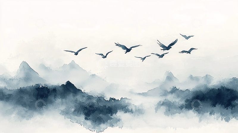 高清大图下载【趣麦麦图】水墨画山鸟