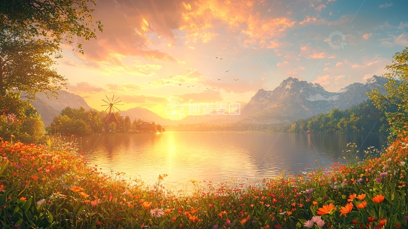高清大图下载【趣麦麦图】日出湖光山色