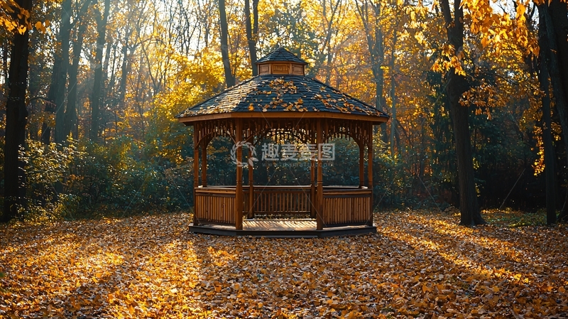 高清大图下载【趣麦麦图】秋日森林木质凉亭
