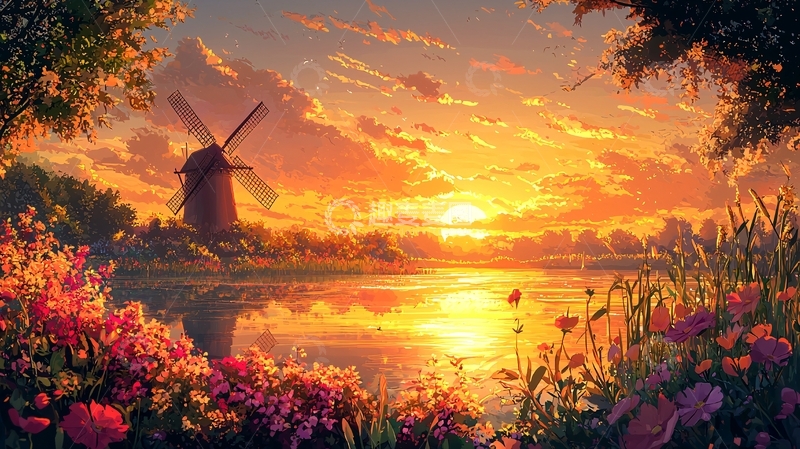 高清大图下载【趣麦麦图】夕阳下的风车与花田
