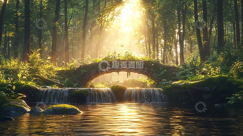 高清大图下载【趣麦麦图】森林小桥流水