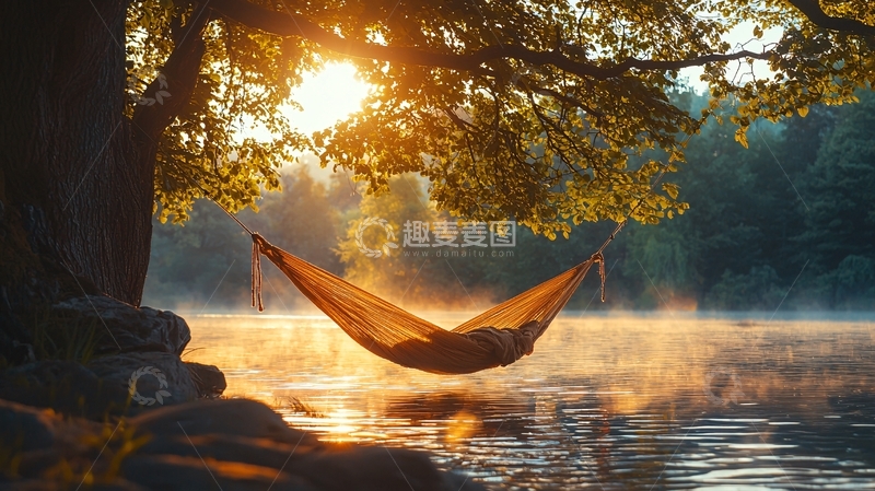 高清大图下载【趣麦麦图】清晨湖边吊床