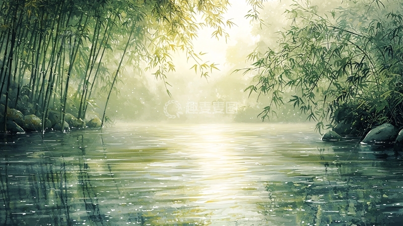 高清大图下载【趣麦麦图】竹林小溪清晨阳光