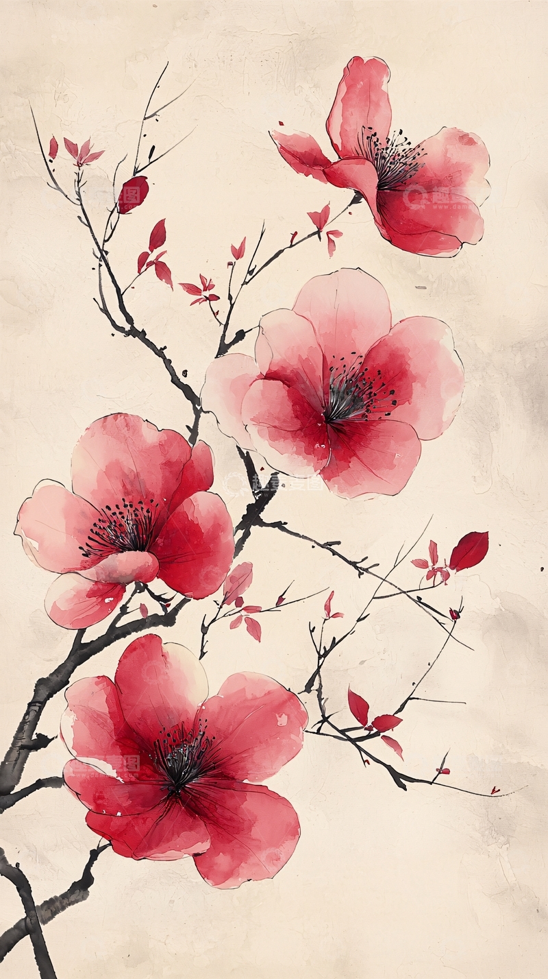 高清大图下载【趣麦麦图】水墨红花