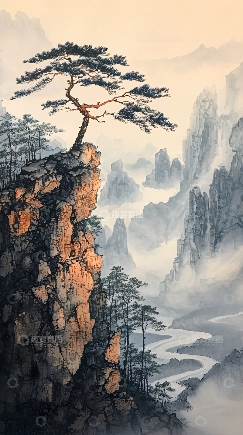 高清大图下载【趣麦麦图】孤峰劲松水墨画
