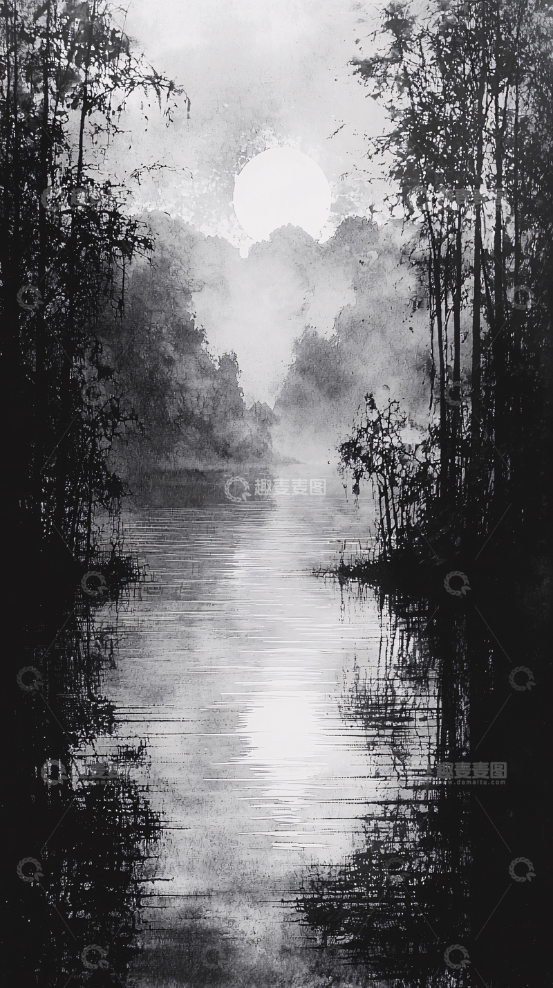 高清大图下载【趣麦麦图】黑白山水画