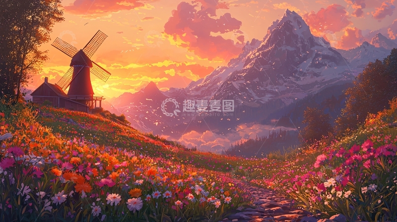 高清大图下载【趣麦麦图】夕阳下的山峦花海风车