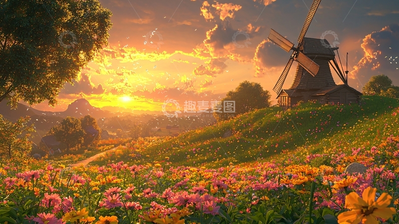 高清大图下载【趣麦麦图】夕阳下的田园风车风景