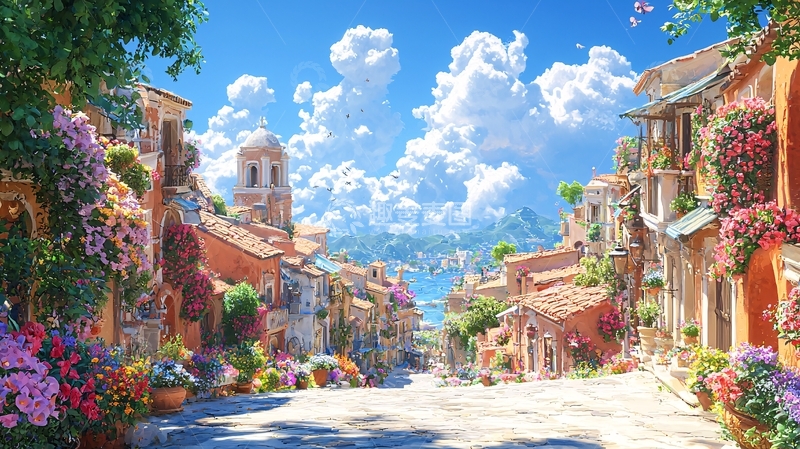 高清大图下载【趣麦麦图】阳光明媚的意大利小镇