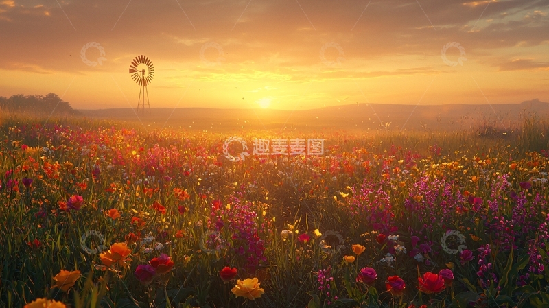 高清大图下载【趣麦麦图】日出花海田园风光