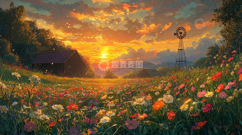 高清大图下载【趣麦麦图】日落田园风光