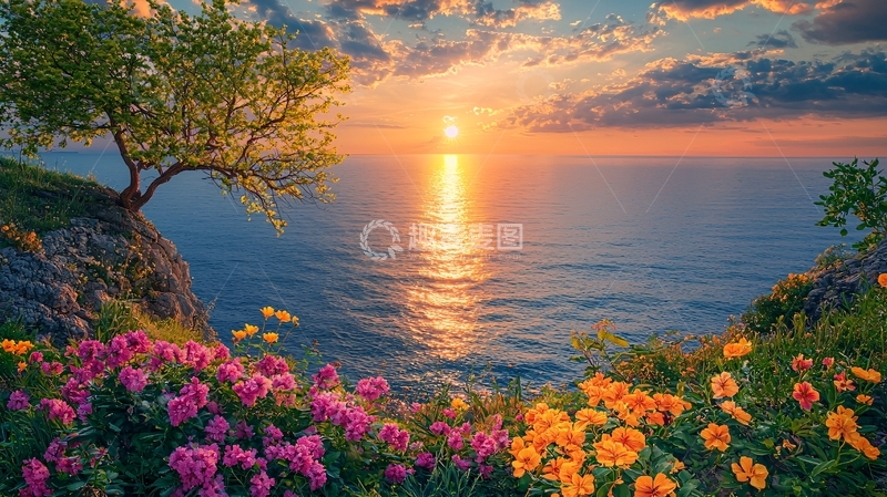 高清大图下载【趣麦麦图】海边日落花海