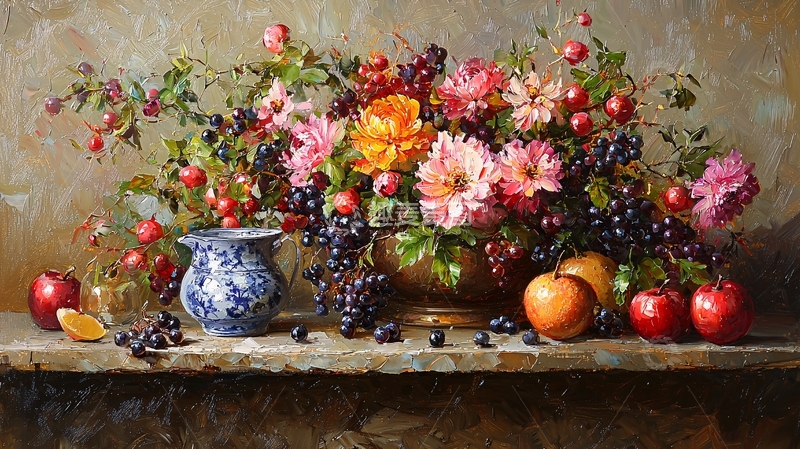 高清大图下载【趣麦麦图】静物油画花卉水果