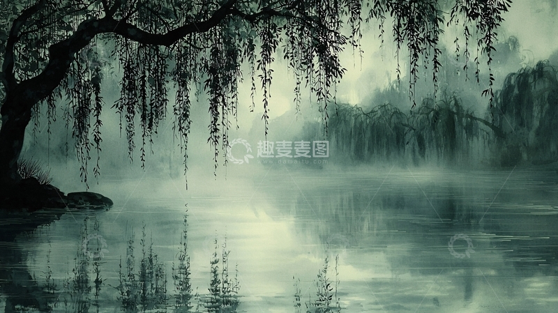 高清大图下载【趣麦麦图】雾气朦胧的垂柳湖景