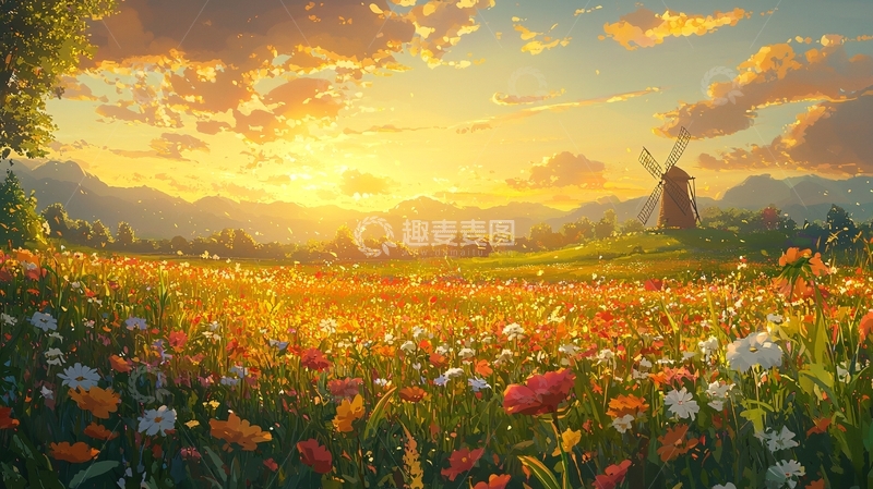 高清大图下载【趣麦麦图】夕阳下鲜花盛开的田园风光