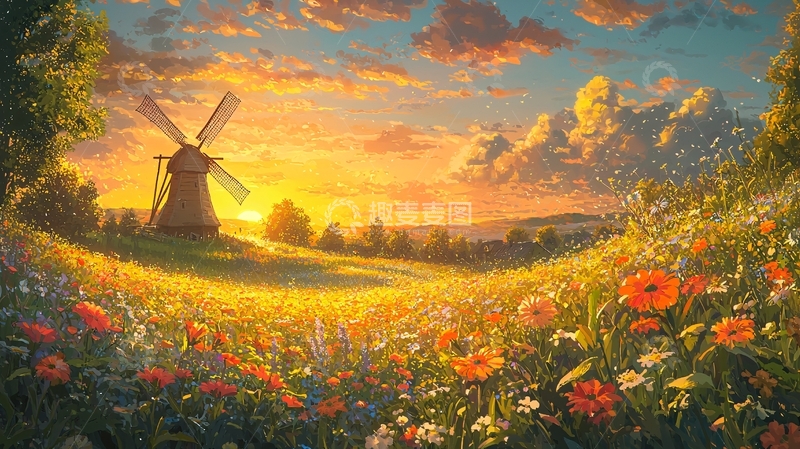 高清大图下载【趣麦麦图】夕阳下的风车花田