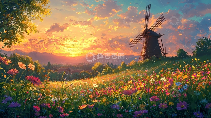 高清大图下载【趣麦麦图】夕阳下的花田风车