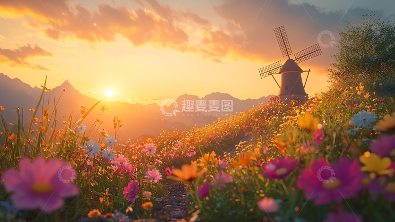 高清大图下载【趣麦麦图】日落田园风光