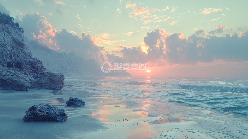 高清大图下载【趣麦麦图】海边日落岩石滩涂