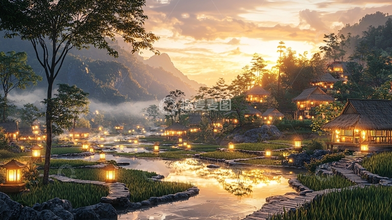 高清大图下载【趣麦麦图】山谷傍晚村庄景色
