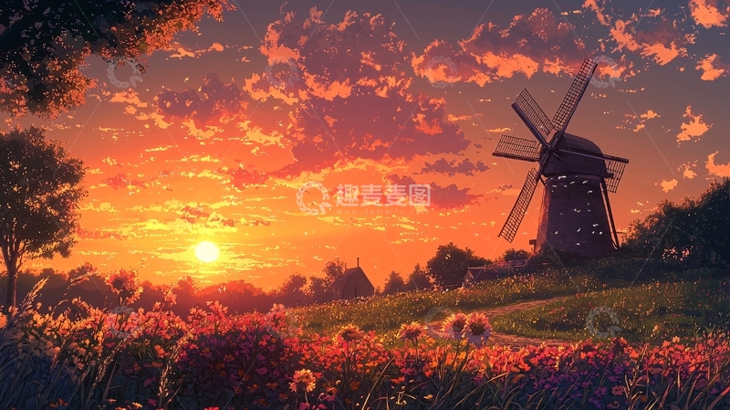 高清大图下载【趣麦麦图】夕阳下的风车田园风光