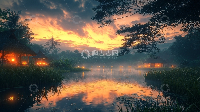 高清大图下载【趣麦麦图】日落湖边小屋