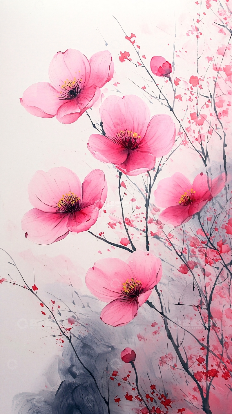 高清大图下载【趣麦麦图】粉色花朵水彩画2