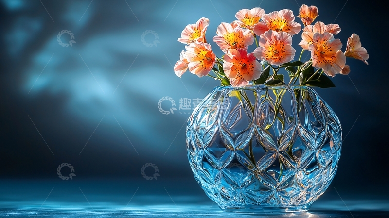 高清大图下载【趣麦麦图】蓝色背景水晶花瓶橙色花束