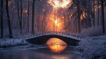 冬日雪景森林小桥