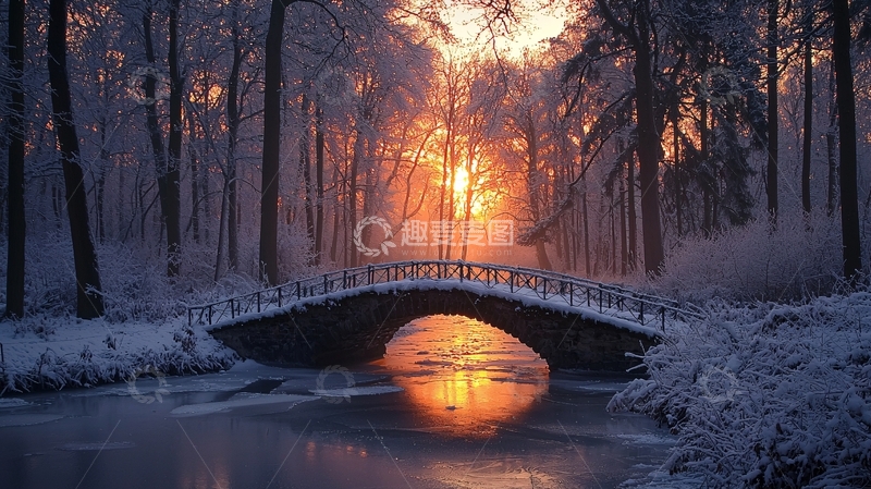 高清大图下载【趣麦麦图】冬日雪景森林小桥