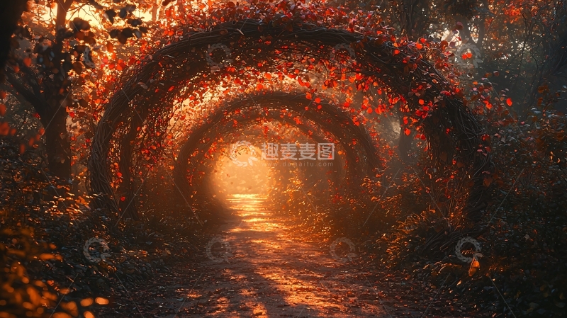 高清大图下载【趣麦麦图】秋叶拱门梦幻小路