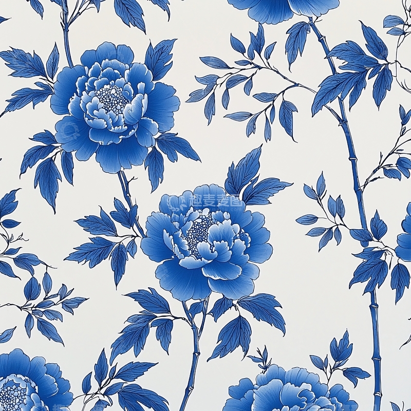 高清大图下载【趣麦麦图】青花瓷牡丹花纹