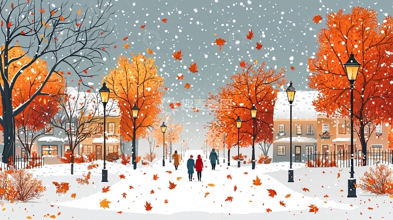 高清大图下载【趣麦麦图】初冬雪景街道情侣漫步