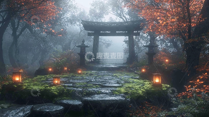 高清大图下载【趣麦麦图】雾气森林日式牌楼