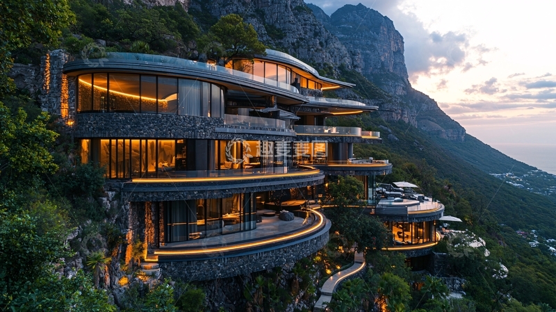 高清大图下载【趣麦麦图】山崖上的现代豪宅