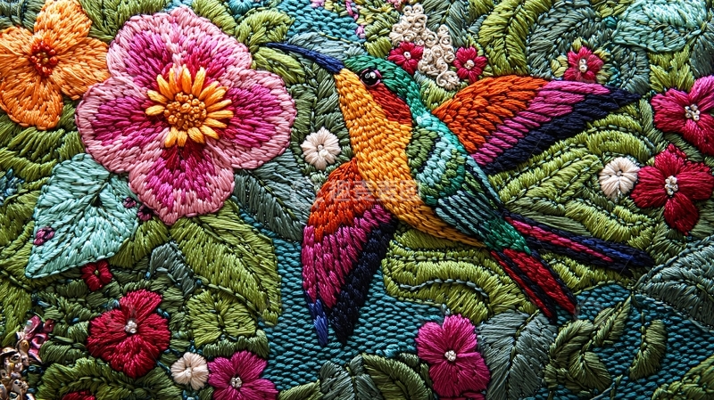 高清大图下载【趣麦麦图】彩色绣花鸟花图案