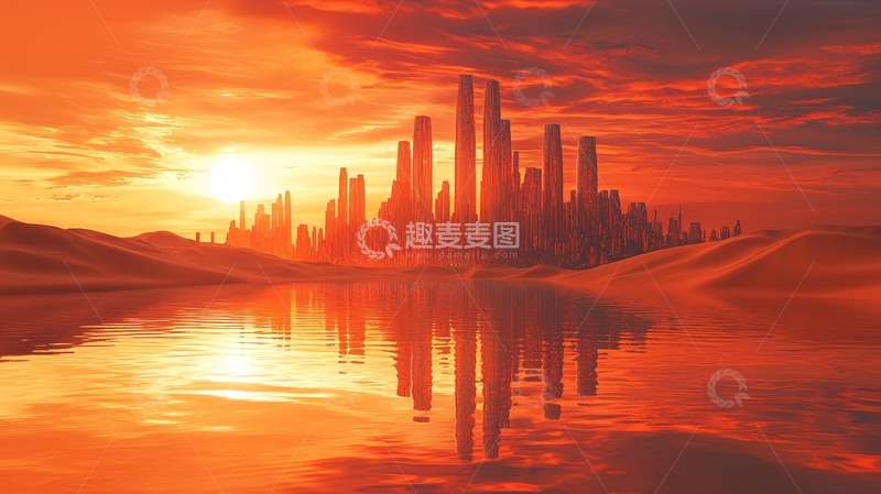 高清大图下载【趣麦麦图】红日下的沙漠城市