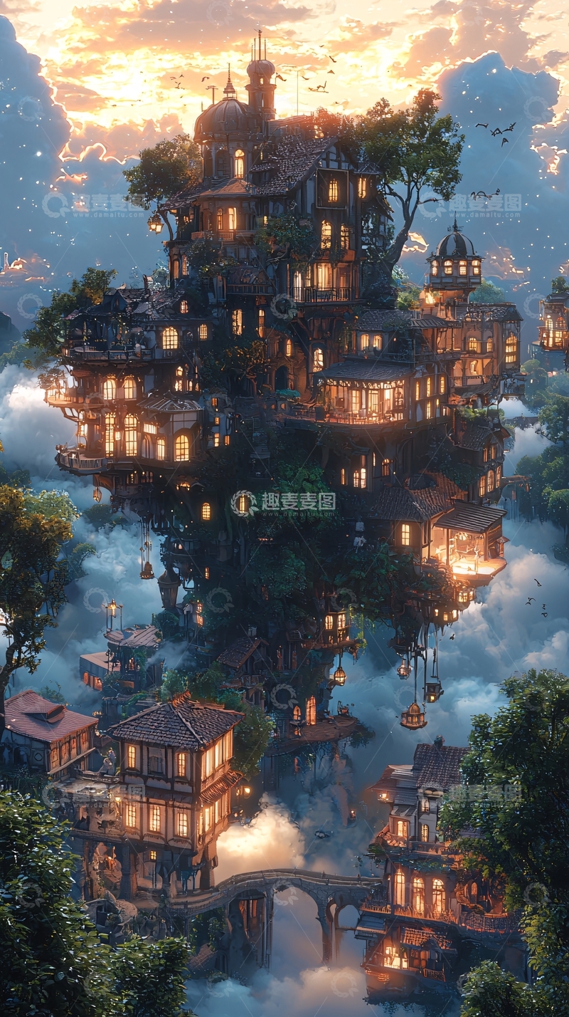 高清大图下载【趣麦麦图】云端树屋村庄