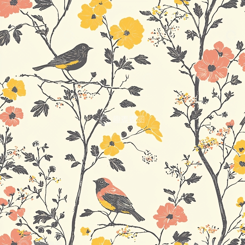 高清大图下载【趣麦麦图】小鸟花朵图案壁纸