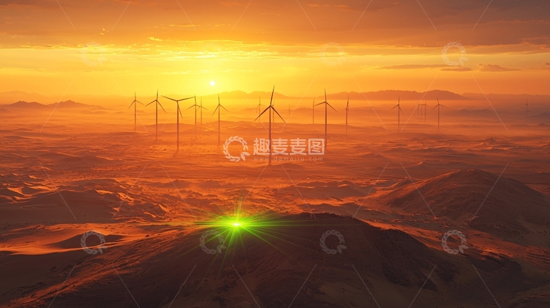 高清大图下载【趣麦麦图】日落沙漠风力发电