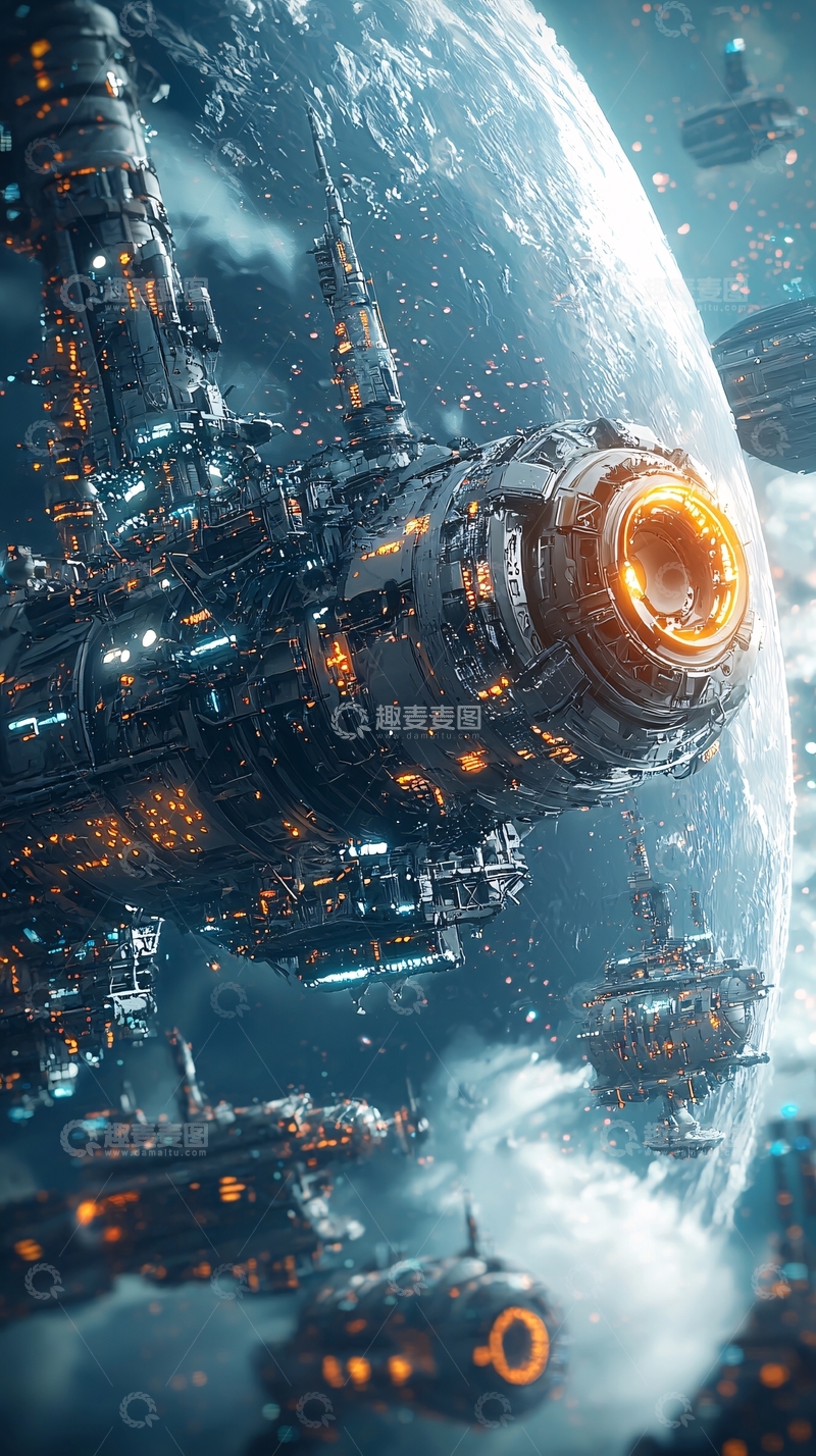 高清大图下载【趣麦麦图】宇宙飞船环绕星球