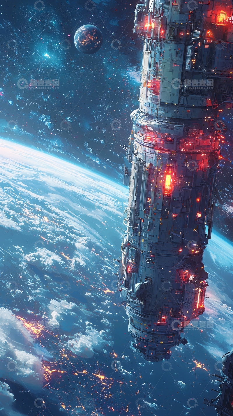 高清大图下载【趣麦麦图】宇宙飞船悬停地球上空