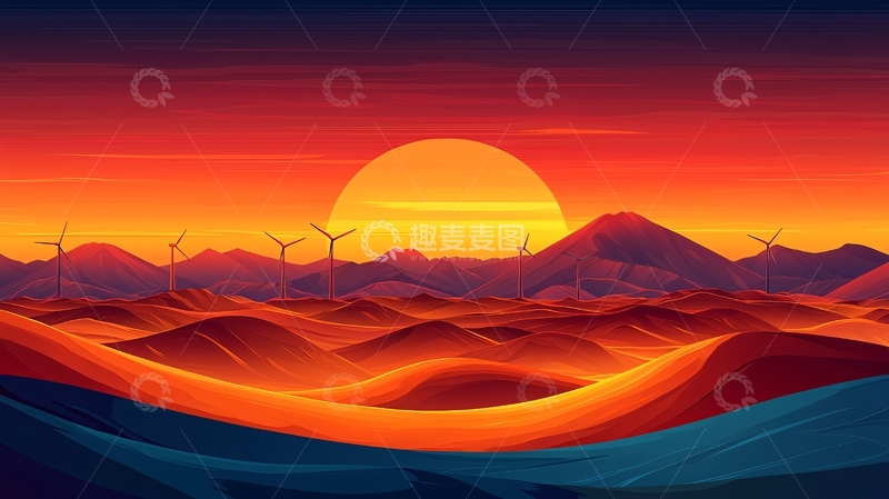 高清大图下载【趣麦麦图】极简风格日落沙漠风力发电