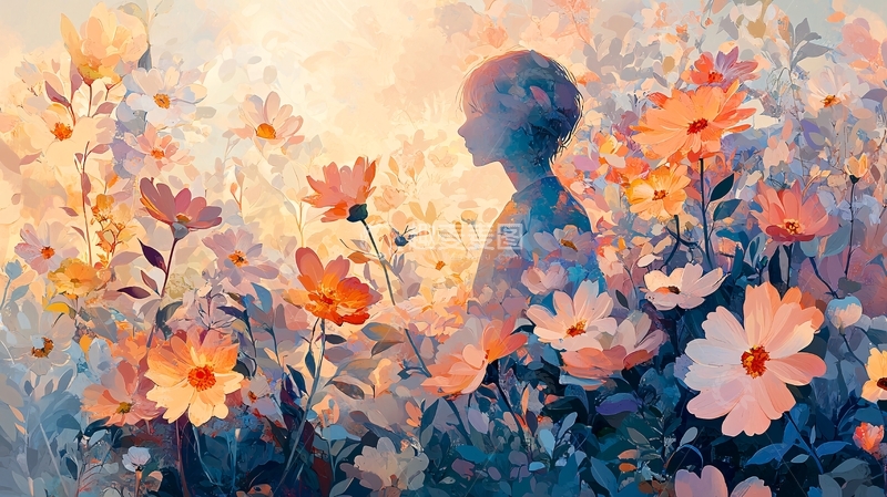 高清大图下载【趣麦麦图】光影花海中侧影人物