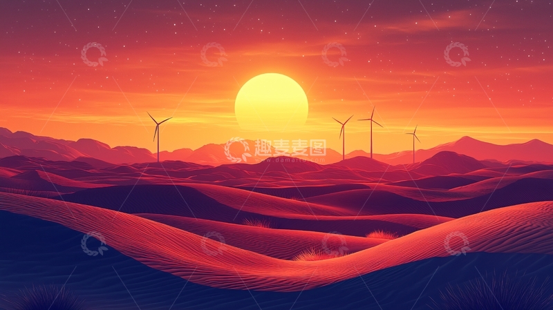 高清大图下载【趣麦麦图】日落沙漠风力发电